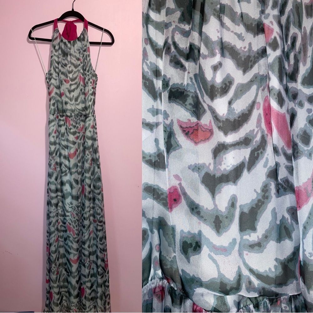 Erin Maxi Dress Women Size 8 Halter Sheer Overlay Abstract Print Preppy Sundress